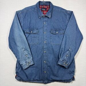 Vintage Cherokee Denim Shirt Jacket Shacket Men XL Blue Plaid Lined Faded Work